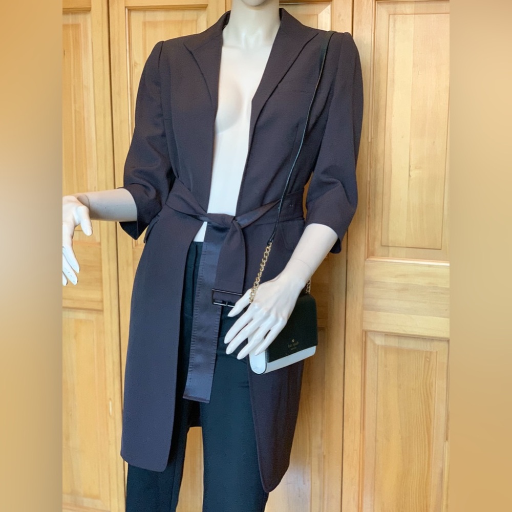 Anne Klein Brown Open-Front 3/4 Sleeves Belted Topper Coat Jacket Size 2P #23